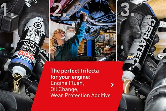 Ein dreigeteiltes Bild in dem 3 Liqui Moly Produkte Anwendung finden.